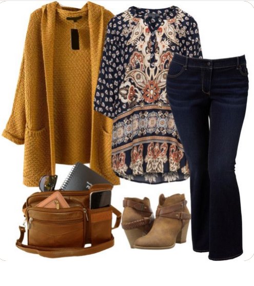 casual fall outfit plus size jeans boho top cardigan