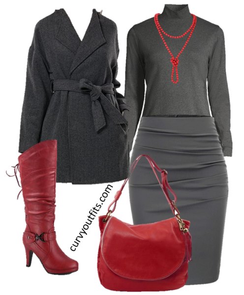 casual winter outfit grey skirt coat and red boots
