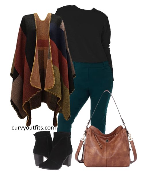 casual winter outfit plus size black sweater and poncho